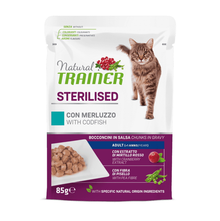 Natural Trainer Adult Sterilised con merluzzo 85 gr Natural Trainer Adult Sterilised con merluzzo 85 gr